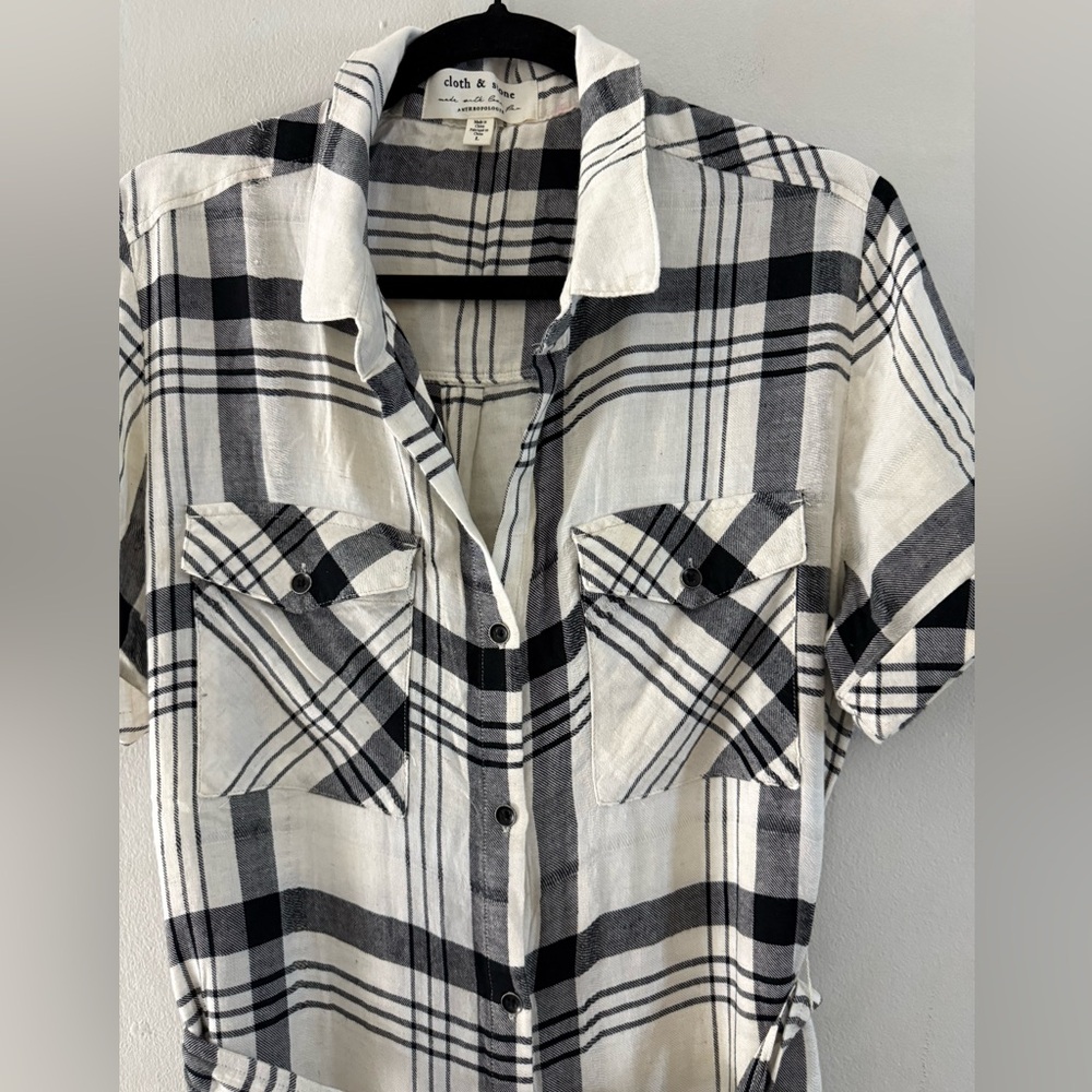 Cloth & Stone Anthropologie Plaid Button Front Linen Blend Shirt Dress - Size L - Picture 6 of 11